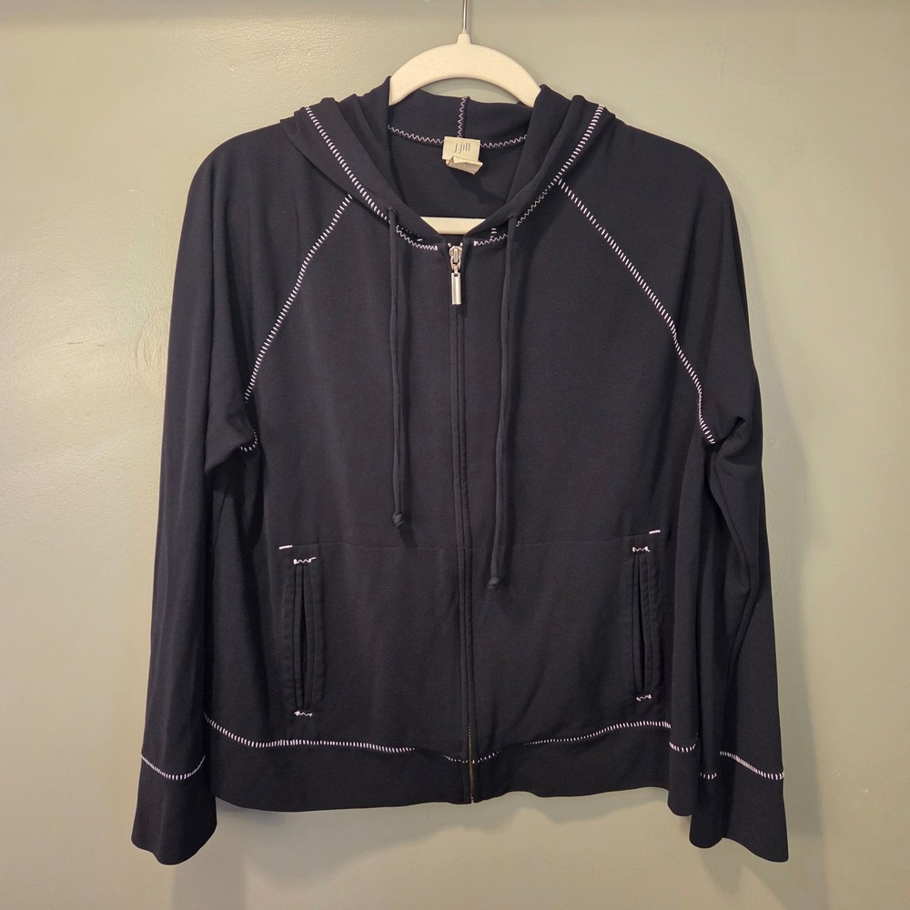 J. Jill Women's Full Zip Hoodie Contrast Stitching, Size M, Black White